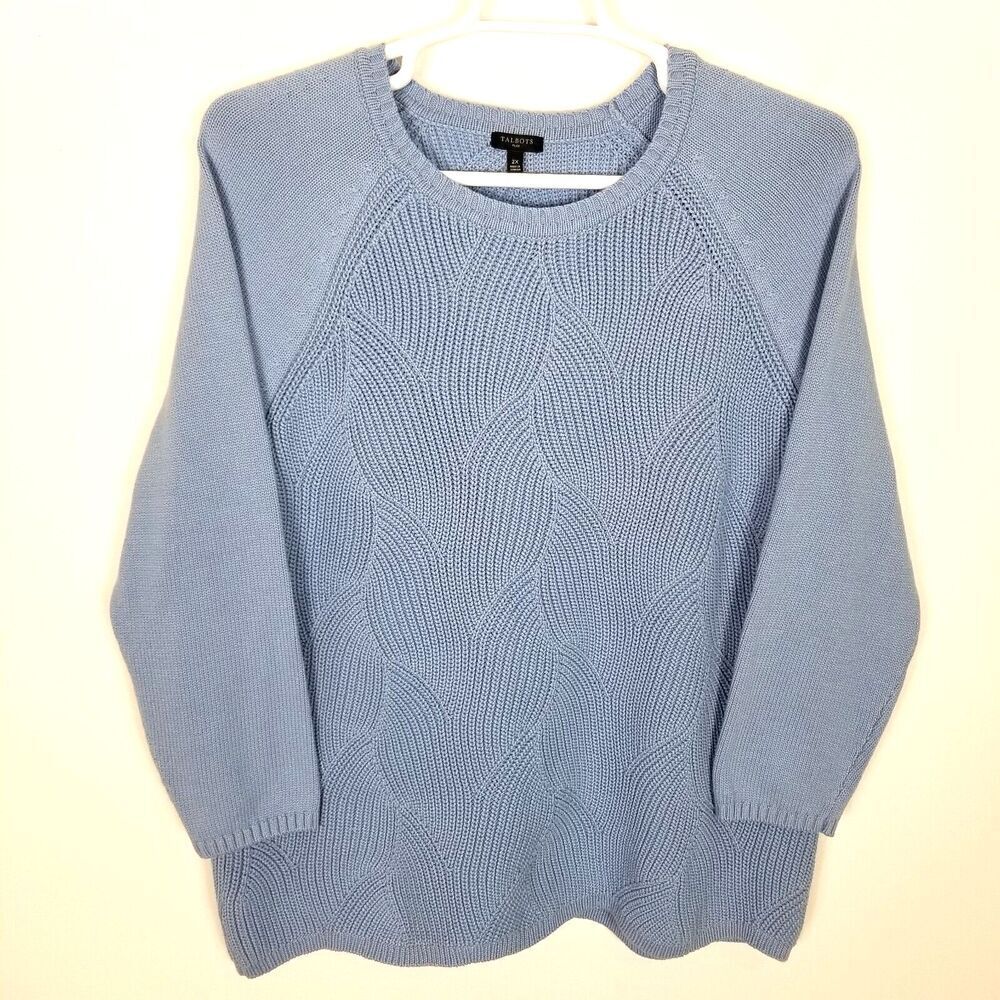 Talbots Women‎ Plus Pointelle Raglan Sweater Pullover Sz 2X Blue Cotton Blend